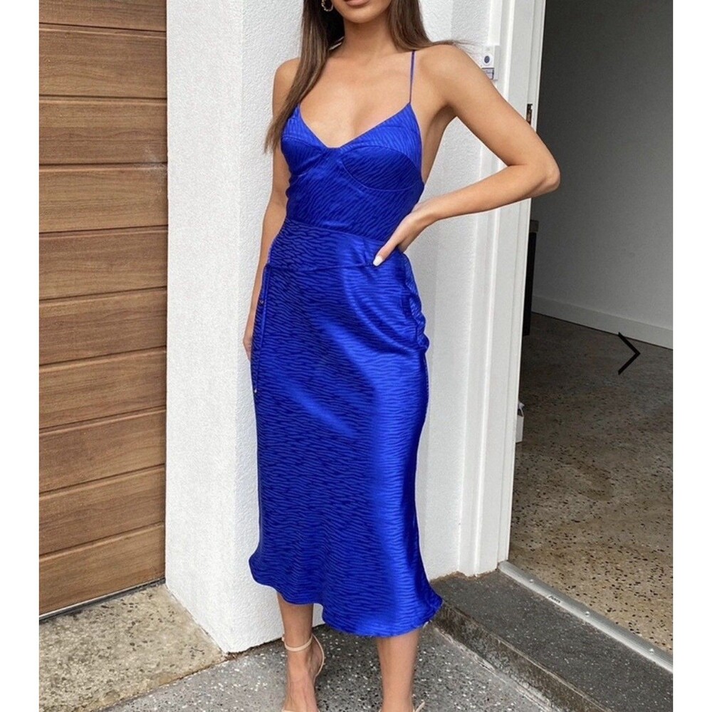 RUNAWAY THE LABEL New Artille Slip Midi Dress SMALL Satin Blue Strap Tie Revolve